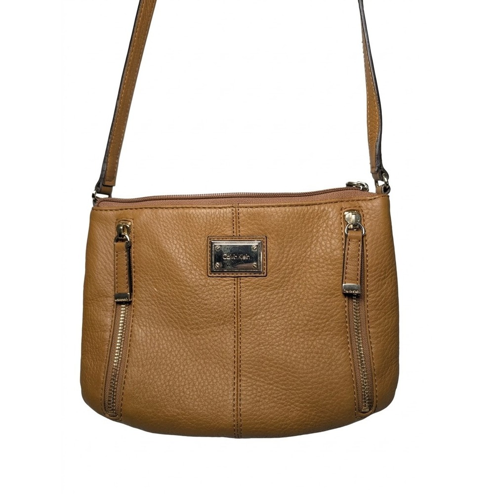 Calvin Klein Womens Crossbody Bag Pebbled Leather Brown Zip Pocket Adjustable OS